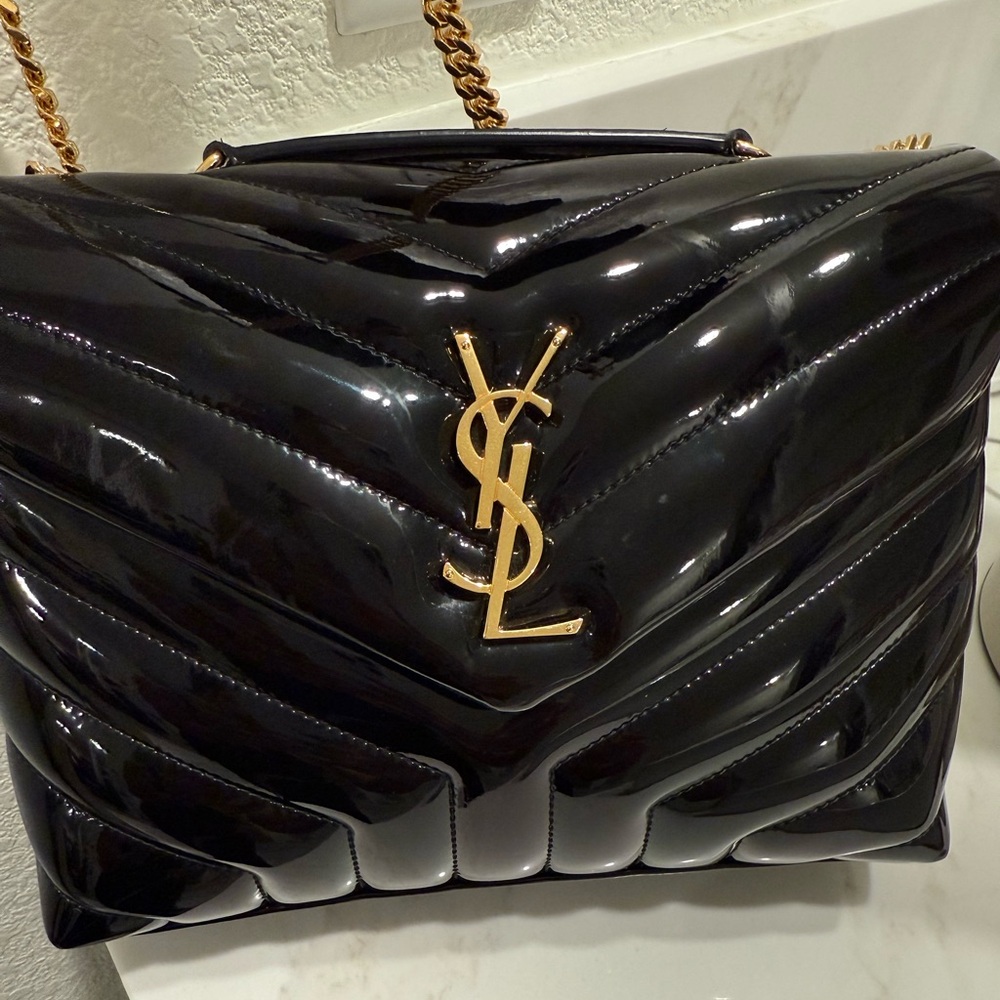 Saint Laurent (YSL) Black and Gold Patent Shoulder Bag -Worn 1X